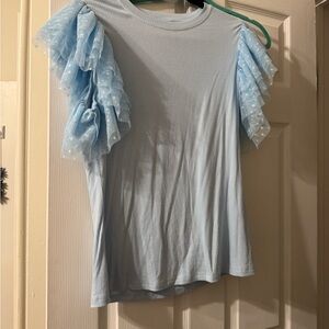 Amazon Light Blue Short Sleeve Top with Ruffled Sleeves